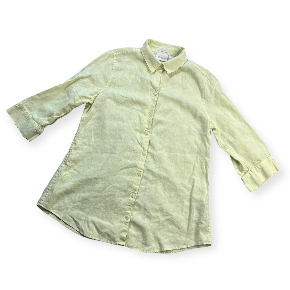 Chicos 0.5 Light Yellow Linen Button Front Tunic Shirt Women